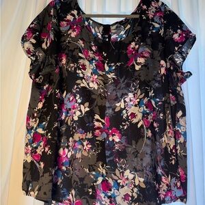 Torrid Black Floral Blouse with Pink and Blue Accents